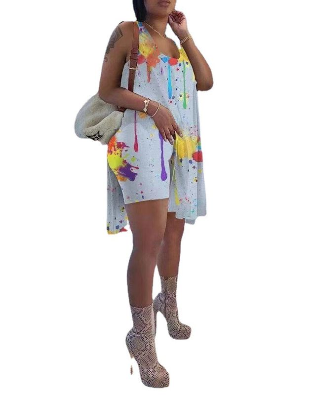 2021 Αντι-UV Tie Die 2 κομμάτια Set Σπλατ-Μηχάνι Εκτύπωση Shorts Outfits Ακανόνιστο Ασύμμετρο Μέτωπο