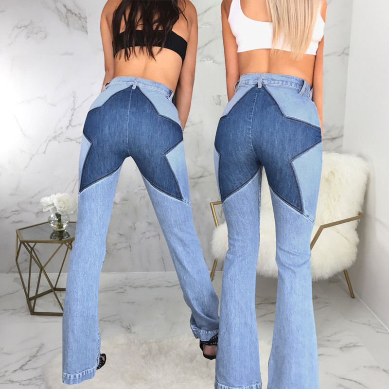Χρώμα Αποδεικτικό Λάμψης Καλή ποιότητα patchwork hip star τζιν ράψιμο τέντωμα τεντωμένο παντελόνι γυναίκες τζιν μακριά