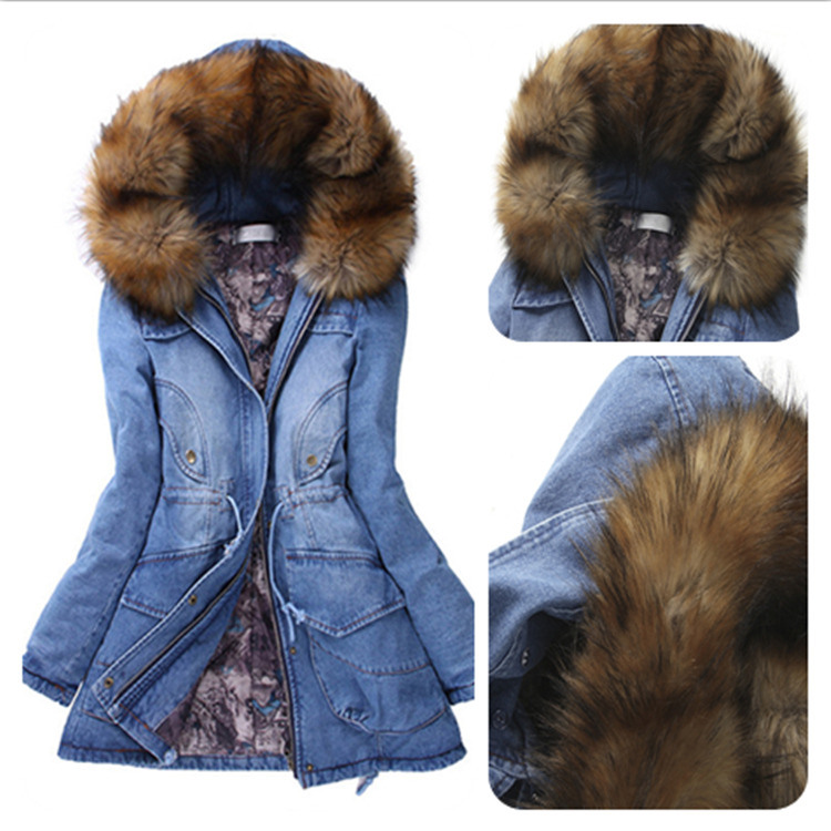 2020 Γούνινο κολάρο Ντενίμ Τζακέτο Χειμερινό Αδιάβροχο Σφιχτό Βαμβακερό Παντικαλυμμένο Τζιν Παλτό Γυναίκες