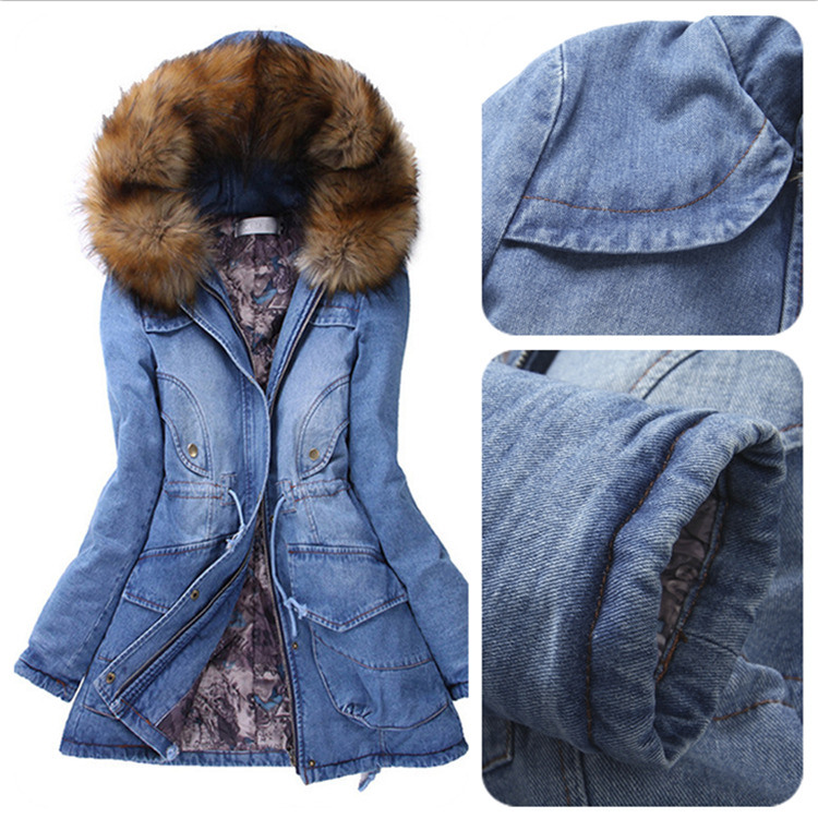 2020 Γούνινο κολάρο Ντενίμ Τζακέτο Χειμερινό Αδιάβροχο Σφιχτό Βαμβακερό Παντικαλυμμένο Τζιν Παλτό Γυναίκες